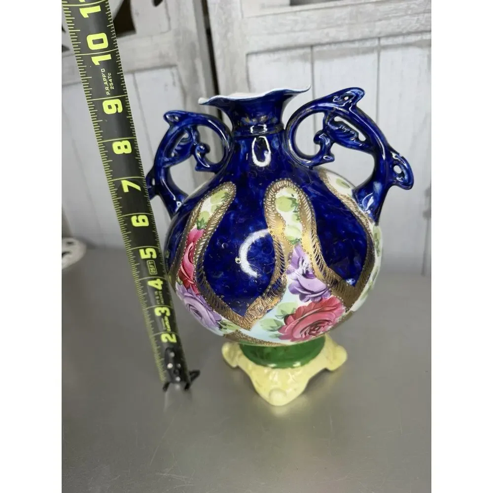 Antique Nippon Hand Paint Cobalt Blue Gold Rose Porcelain Handled Vase Urn
